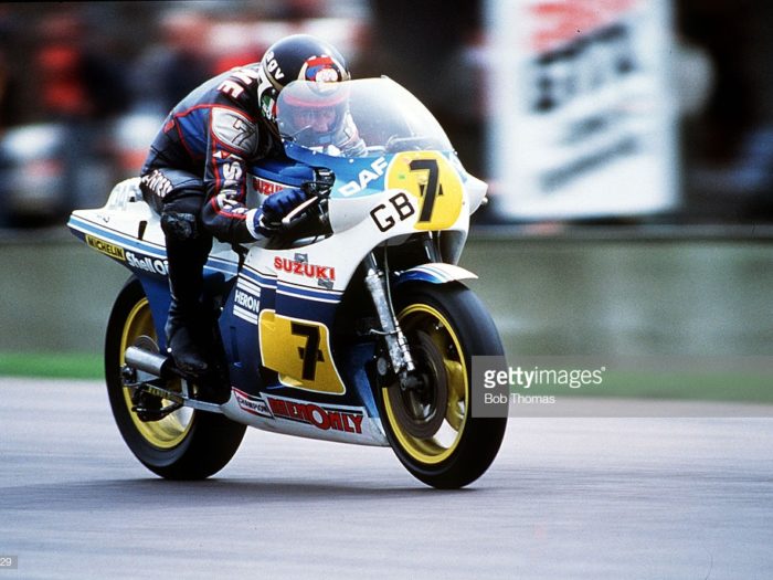 Sport, Motorcycling, pic: 22nd April 1984, Transatlantic Challenge at Donington Park, Barry Sheene, (1950 - 2003), Great Britain, riding a Suzuki (Photo by Bob Thomas/Getty Images)